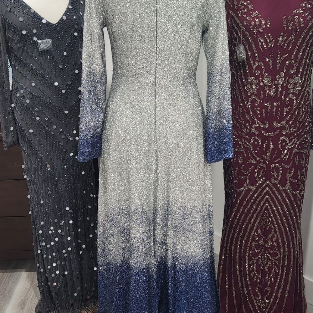 Long silver and blue ombre evening dress. Glitter. Made in Turkey